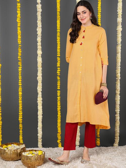 yellow solid a-line kurta - 20795336 - Very Small Image - 1