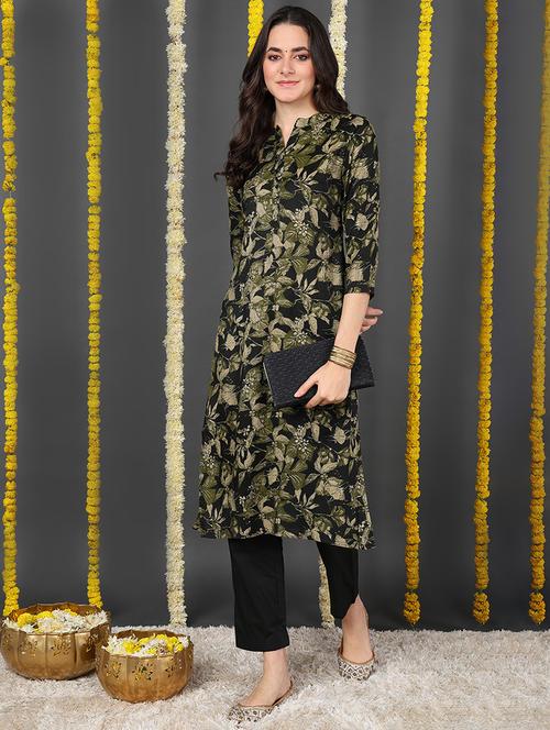 olive silk blend straight kurta - 20795340 - Very Small Image - 1
