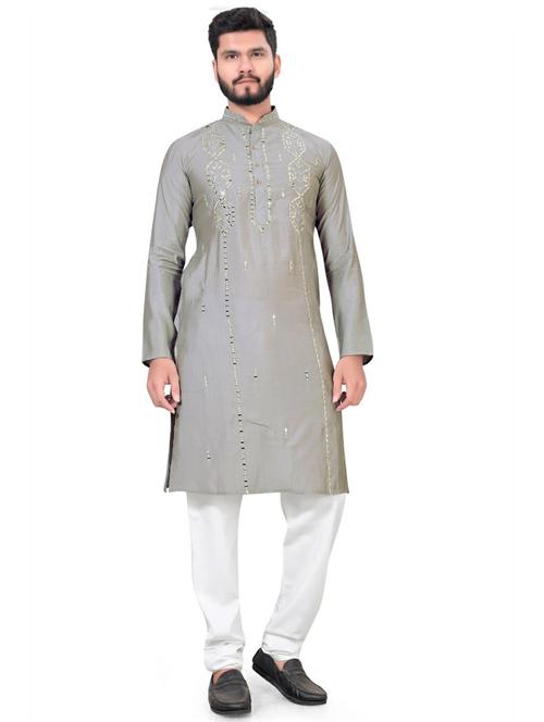 men grey embellished full sleeve long kurta - 20796725 - Very Small Image - 1