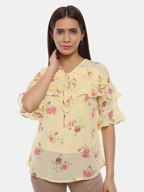 yellow floral printed detailed casual top - 20798333 - Very Small Image - 1