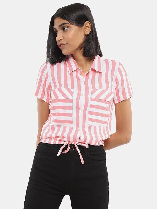 pink striped printed detailed casual top - 20798460 - Very Small Image - 1