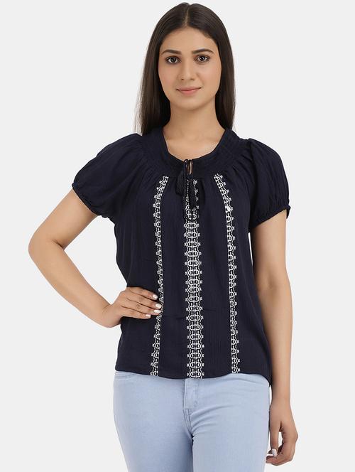 navy blue embroidered detailed casual top - 20798467 - Very Small Image - 1