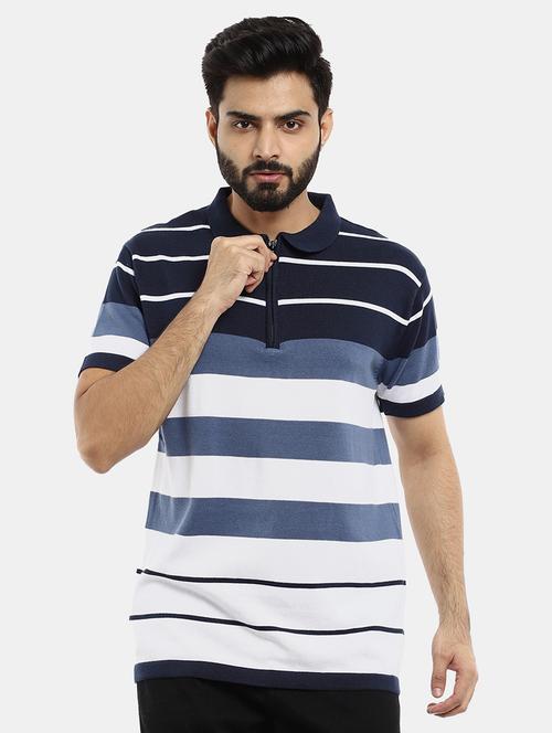 navy blue striped printed polo t-shirt - 20804182 - Very Small Image - 1