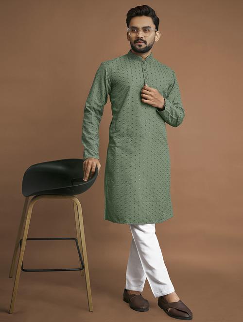 olive embroidered long sleeve kurta - 20806820 - Very Small Image - 1