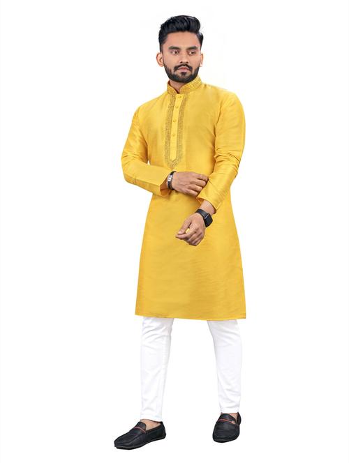 yellow silk blend long kurta - 20806840 - Very Small Image - 1