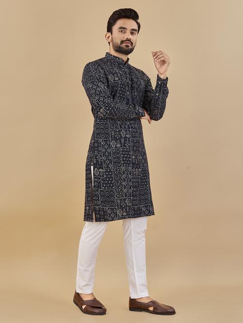 navy blue printed long sleeve kurta - 20806925 - Very Small Image - 1