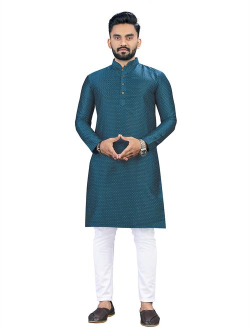 teal silk blend long kurta - 20806933 - Very Small Image - 1
