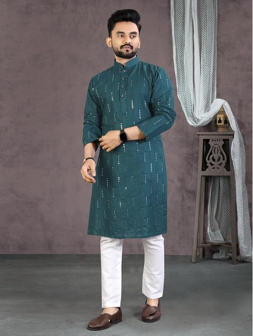 teal mandarin neck long kurta - 20807097 - Very Small Image - 1