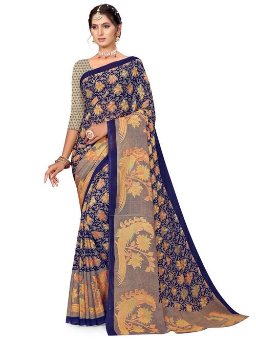 women navy blue floral printed saree with blouse - 20809926 - Very Small Image - 1