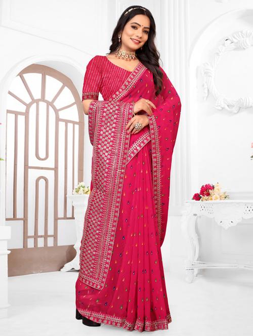 women pink printed georgette saree - 20809980 - Very Small Image - 1