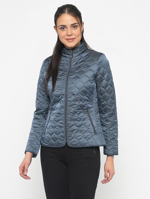 women blue solid full sleeve quilted jacket - 20810401 - Very Small Image - 1