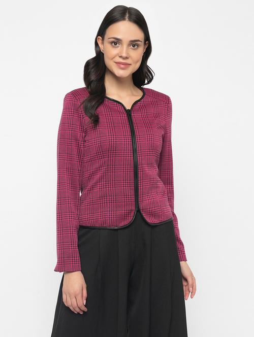 women purple check printed regular jacket - 20810409 - Very Small Image - 1