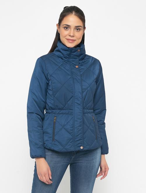 women solid stand collar quilted jacket - 20810416 - Very Small Image - 1