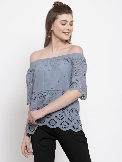 grey self design detailed regular top - 20810604 - Very Small Image - 1