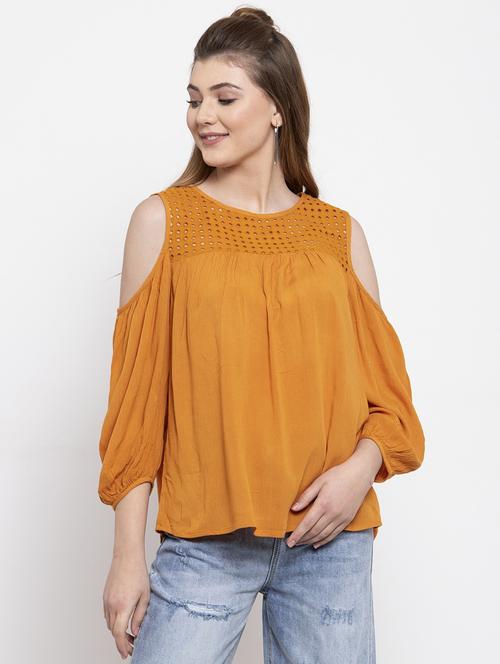 solid mustard neck detailed cold shoulder top - 20810616 - Very Small Image - 1