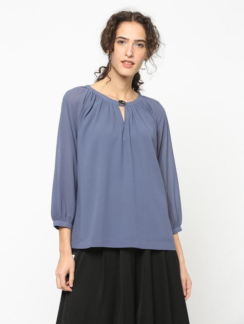 solid grey key hole neck detailed regular top - 20810638 - Very Small Image - 1