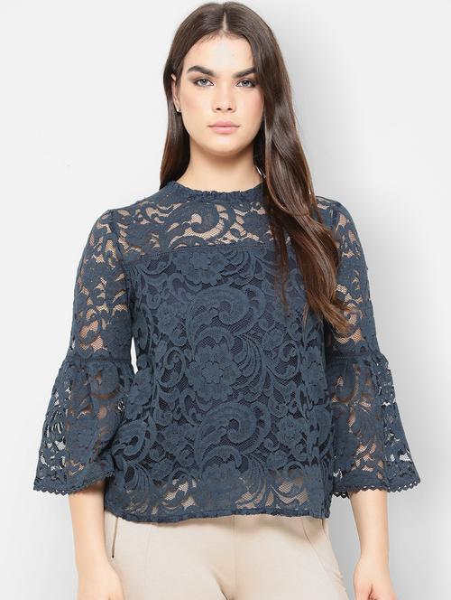 navy blue self design detailed top - 20810678 - Very Small Image - 1