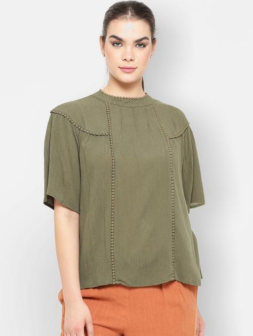 solid olive green detailed regular top - 20810680 - Very Small Image - 1