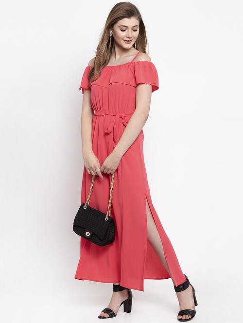 women solid off shoulder a-line slit dress - 20810890 - Very Small Image - 1