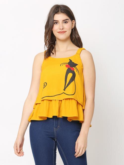 yellow front print detailed layered top - 20811126 - Very Small Image - 1
