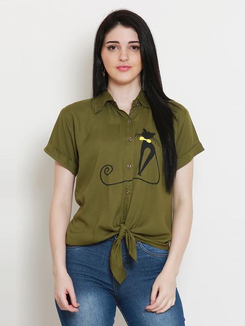 olive green placement print shirt style top - 20811257 - Very Small Image - 1