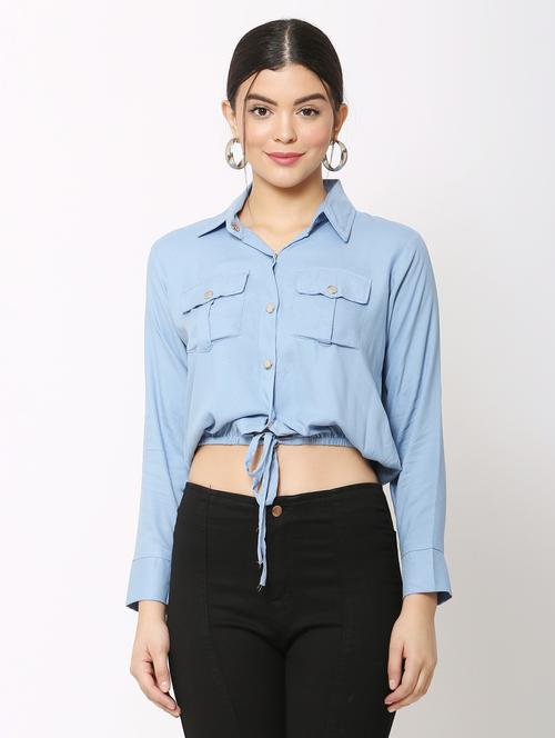 solid light blue pocket detailed shirt style crop top - 20811263 - Very Small Image - 1
