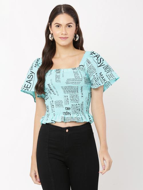 light blue printed smocked detailed crop top - 20811322 - Very Small Image - 1