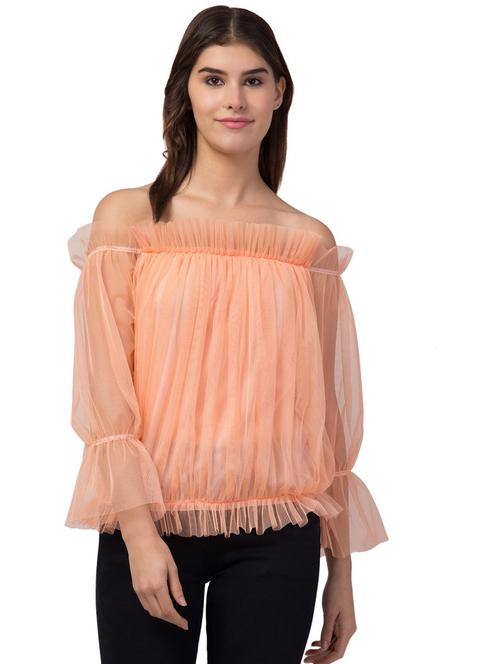 women peach solid off shoulder regular top - 20811335 - Very Small Image - 1