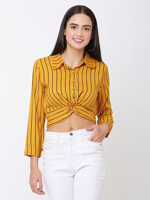 yellow vertical striped shirt style crop top - 20811375 - Very Small Image - 1