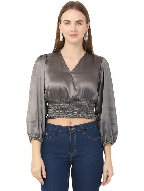 solid grey blouson crop top - 20811414 - Very Small Image - 1