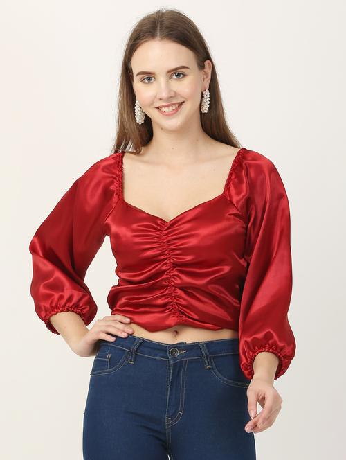 solid maroon smocked detailed crop top - 20811423 - Very Small Image - 1