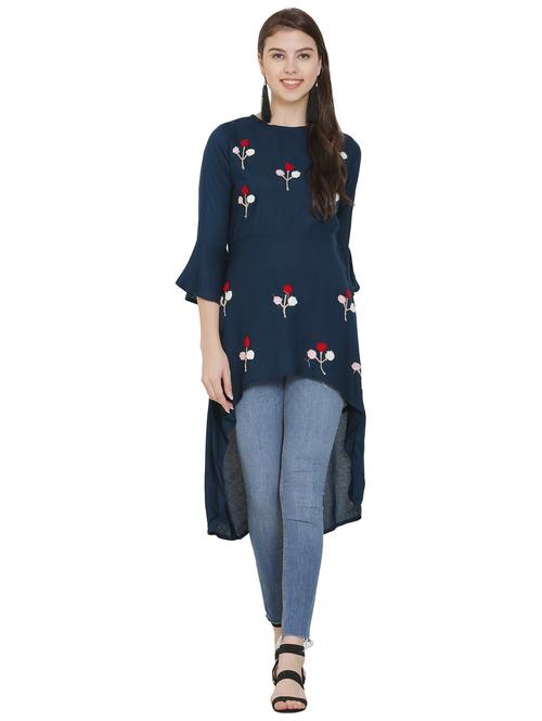 women blue floral embroidered high low top - 20811624 - Very Small Image - 1