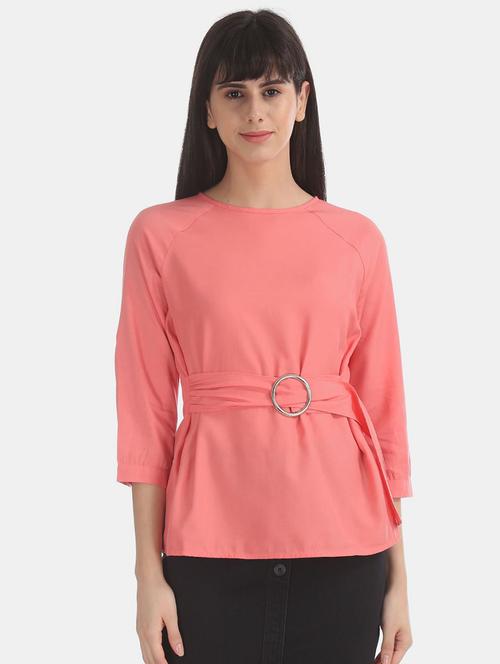 solid pink belt detailed regular top - 20811958 - Very Small Image - 1