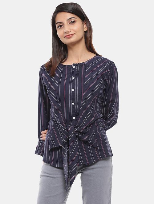 women navy blue stripes regular top - 20812040 - Very Small Image - 1