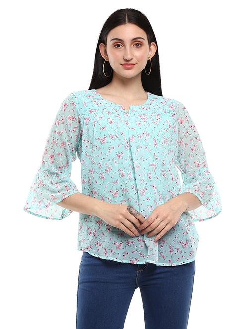 women light blue floral printed regular top - 20812091 - Very Small Image - 1