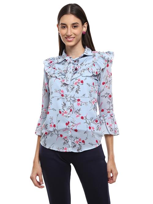 light blue floral printed detailed top - 20812116 - Very Small Image - 1