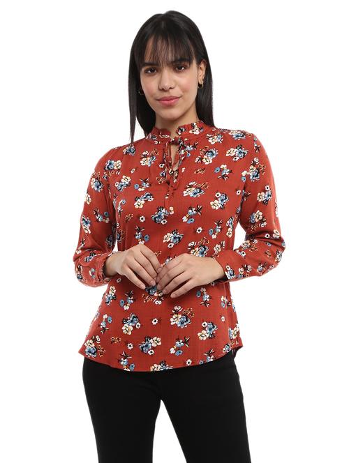 rust floral printed detailed regular top - 20812133 - Very Small Image - 1