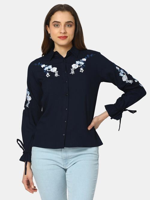 navy blue embroidered detailed shirt style top - 20812175 - Very Small Image - 1