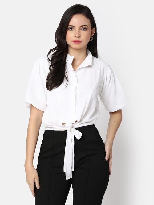 solid white shirt style knot detailed top - 20812226 - Very Small Image - 1