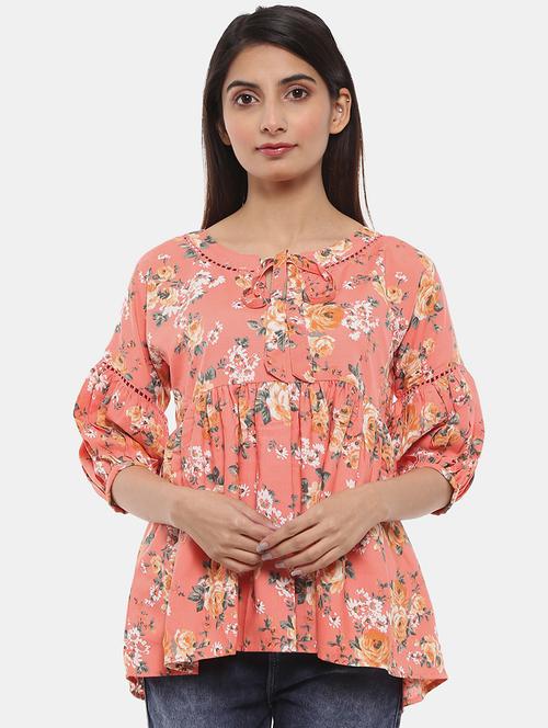 coral pink floral printed regular top - 20812306 - Very Small Image - 1