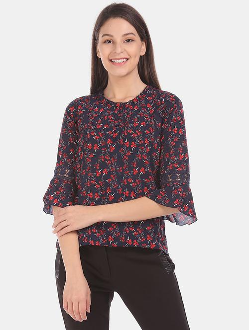 navy blue floral printed regular top - 20812311 - Very Small Image - 1