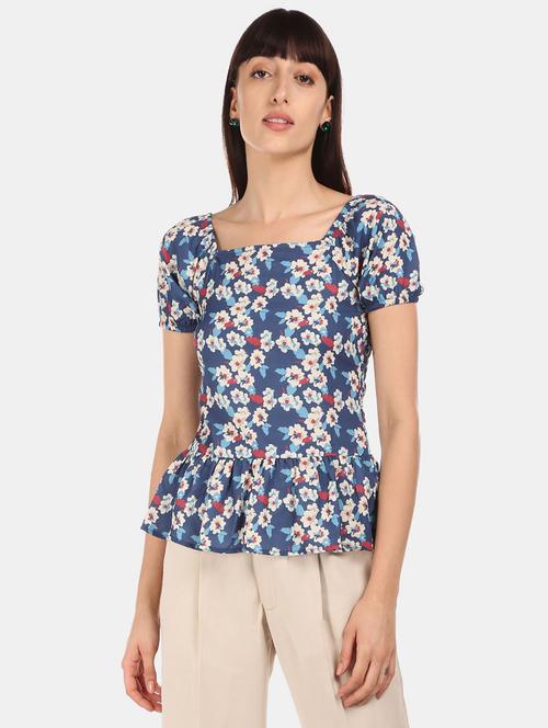 women navy blue floral printed peplum top - 20812390 - Very Small Image - 1
