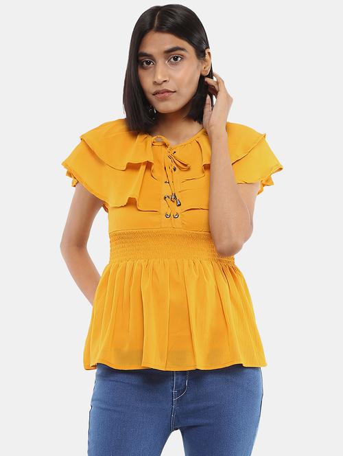 women solid tie up neck ruffle top - 20812472 - Very Small Image - 1