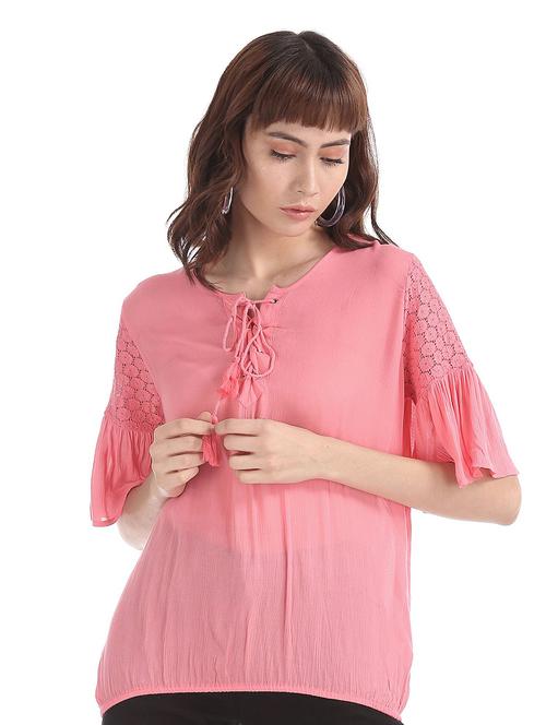 women lace detailed tie up neck top - 20812745 - Very Small Image - 1