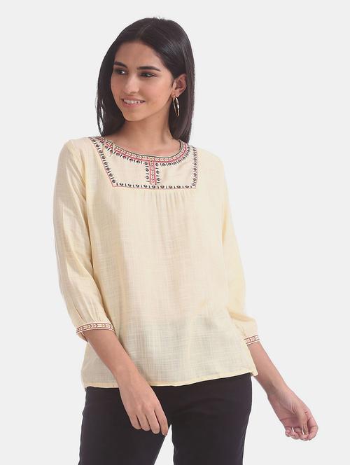 cream embroidered detailed regular top - 20813198 - Very Small Image - 1