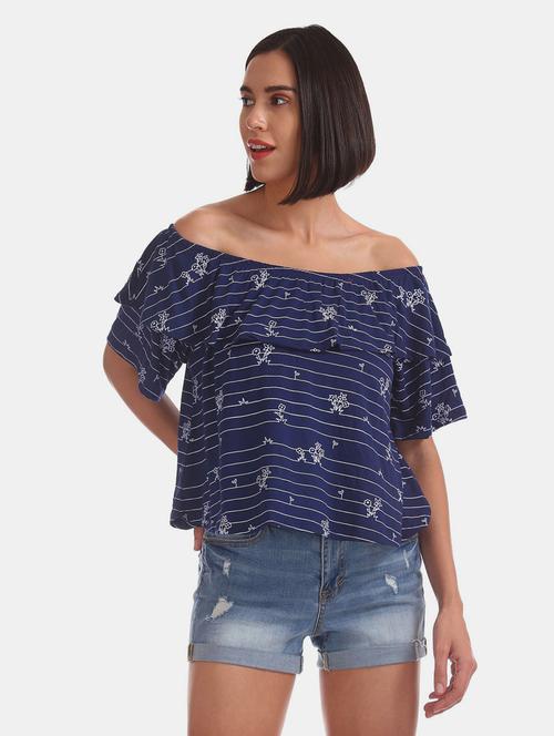 women navy blue printed off-shoulder regular top - 20813237 - Very Small Image - 1
