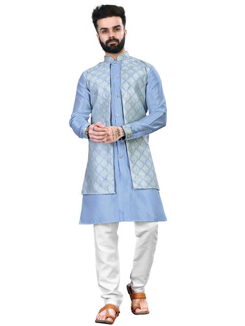 light blue silk blend pocket kurta - 20814608 - Very Small Image - 1