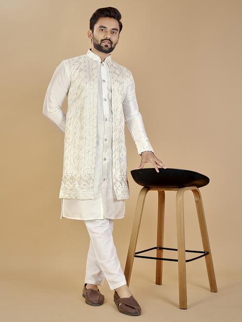 men embroidered silk kurta with jacket - 20814613 - Very Small Image - 1