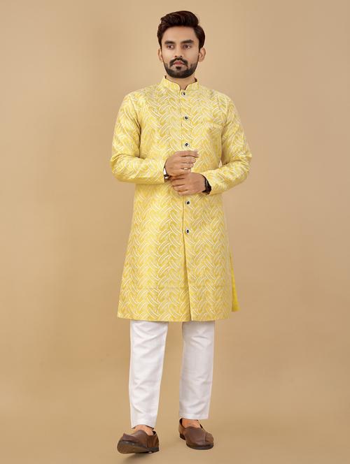 yellow silk blend pocket kurta - 20814637 - Very Small Image - 1