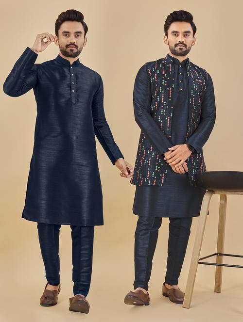 men embroidered silk kurta with jacket - 20814639 - Very Small Image - 1